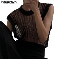 ◕ Incerun เสื้อกล้าม แขนกุด ซีทรู ทรงหลวม ลําลอง กลวง สีดํา สําหรับผู้ชาย