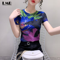 LMD เสื้อยืดลายตาข่ายคอกลมลายดอกไม้แขนสั้นสำหรับผู้หญิงสไตล์ฉบับภาษาเกาหลีแอบสแตรกต์พิมพ์หมึกขนาดใหญ่สำหรับ S-3XL เสื้อเบลาส์สะดวกสบายหรูหราลำลองใหม่ฤดูร้อน