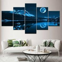 บทคัดย่อ Blue Moon Night Scene ผ้าใบพิมพ์ภาพ Wall Art Home Decor 5แผง HD พิมพ์โปสเตอร์เหมาะสำหรับห้องนั่งเล่น,ห้องนอน,สำนักงาน,และสวยงามและไม่ซ้ำกันตกแต่งห้อง