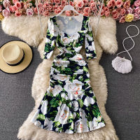 2021Women Bodycon Mermaid Dresses 2021 Summer Sexy V Neck Floral Print Green Boho Beach Dress Ruffle Midi Dress Sundress Robe