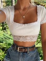 WannaThis แขนสั้น Slash คอ Crop Tops ผู้หญิง Patchwork Hem Laceup Slim Elastic เซ็กซี่วันหยุดฤดูร้อน Cropped Top สีขาว