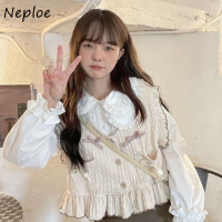 Neploe น่ารักโบว์เชื้อราขอบแขนกุดสั้นถักเสื้อกั๊กกระดุมแถวเดียว Ruffles เสื้อกันหนาวถัง2023 Elarly ฤดูใบไม้ร่วงใหม่แจ๊กเก็ต...