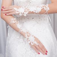 ☃ Elbow Length Women Fingerless Bridal Gloves Elegant Pearls White Lace Gloves for Bridal Wedding Accessories