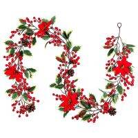 (Worry free) 6.3FT Red Berry Christmas Garland พวงมาลัยประดิษฐ์ Poinsettia GarlandChristmas Berry Garland พร้อมโคนต้นสน