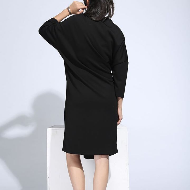 xitao-dress-fashion-bandage-decoration-womens-loose-fitting-casual-black-t-shirt-dress