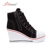 Wedge Canvas Shoes Woman Platform Vulcanized Shoes Hidden Heel Height Increasing Casual Shoes Female High Help Side Zipper