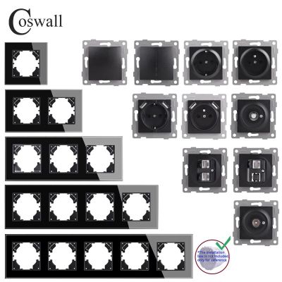COSWALL Black Glass Panel Wall Touch / Rocker Switch EU Schuko Socket USB Type-A &amp; C Charger Internet Satellite TV Module DIY