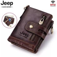 Wallet Genuine Leather Men Wallet Short Male Purse Double Zipper Design RFID ID Card Holder with Coin Purse Chain Fashion