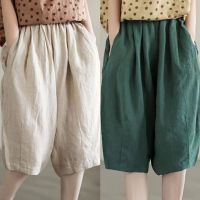 【มีไซส์ใหญ่】Plus Size M-4XL Womens Solid Color Cotton&amp;Linen Black Green Knee Length Shorts Casual Harem Female Summer Shorts