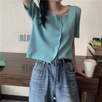 ✸℗¤ Ep Summer 2020 new Korean version of the Small crowd square collar high-waisted short blouse small versatile short-sleeved cardigan women bili