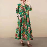 Spring and autumn new flower skirt features emerald flowers and bright red long floral cloth literary large size fat MM loose big swing dress ❤