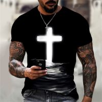 2023 NEWJesus Christ เสื้อยืด Vintage Man 3d God ศาสนา Crucifix Men พิมพ์เสื้อแขนสั้น Plus Size