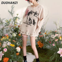 DUOHANZI 2023สเวตเตอร์สไตล์วินเทจพิมพ์ลาย,เสื้อสเวตเตอร์มีรูทรงหลวมใส่สบายสำหรับฤดูใบไม้ผลิและฤดูใบไม้ร่วง