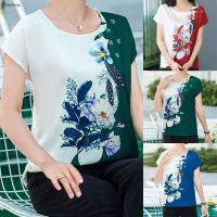 Plus Size Womens Blouse Ice Silk Printed Loose Short Sleeve Tops