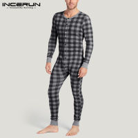 Men Plaid Pajamas Jumpsuits Homewear O Neck Long Sleeve Button Rompers Fitness Cozy Leisure Men Sleepwear Overalls S-5XL INCERUN