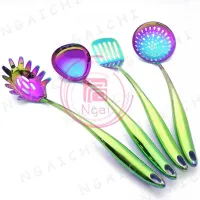 ชุดช้อนส้อมสแตนเลส Shovel Spatula ชุดอาหารเย็น Oversize Electroplate Rainbow สี Draining เครื่องครัว Cook Tool4pcs