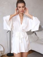 Linad White Robes For Women Loose Long Sleeve V Neck Sleepwear Sashes Summer Bathrobe Female Solid Pajamas Casual Nightwear