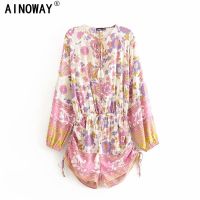 Vintage Chic Women Floral Print Sashes Boho Rompers Ladies V Neck Long Sleeve Tassel Rayon Beach Jumpsuits Bodysuit