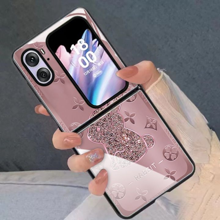 suitable-for-oppofindn2flip-following-from-the-new-toughened-glass-n2flip-folding-screen-protective-turnkey-drop-rabbit-silicone-diamond-powder-creative-personality-and-lovely-cartoon-ultrathin-crust