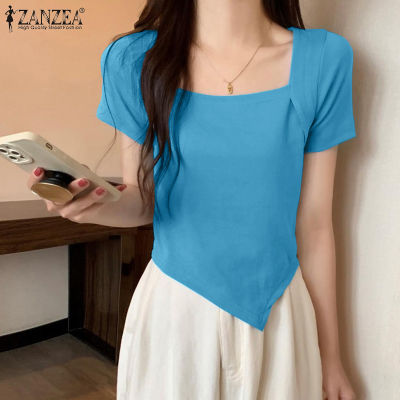 (สินค้ามาใหม่)(จัดส่งฟรี)Fancystyle ZANZEA เสื้อยืดขอบหยักสไตล์เกาหลีของผู้หญิงแฟชั่นคอเหลี่ยมแขนสั้น #10