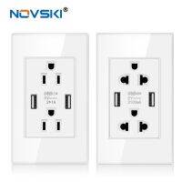 ㍿ NOVSKI 2.5D Glass White Wall Socket Multi-Function15 Amp US Standard Socket Duplex Receptacle 110v-127v-250v Adaptable