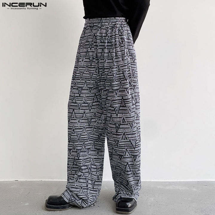 incerun-กางเกงผ้าชิโน่ลำลองกางเกงขายาวทรงหลวมริ้วรอยเรขาคณิตของผู้ชาย-สไตล์เกาหลี