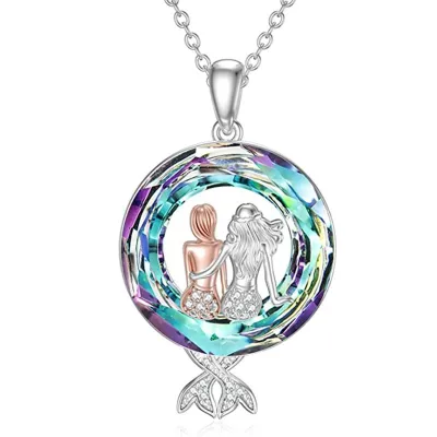 ✠✚☢ Mermaid Sisters Goddess Necklace Round Hollow Pendant Romantic Valentines Day Gift Jewelry For Mother Women Ornament Wholesale