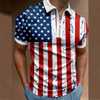 【high quality】  Mens Zip Neck Polo Shirt, American Summer Print Casual Short Sleeve Sweatshirt