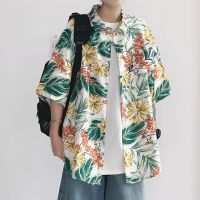 Summer Hawaiian beach seaside flower Shirt for Men Vintage Button Up Thin Half Short Sleeve Shirts Korean Fashion Clothes