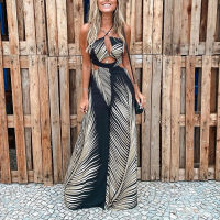 Summer Overalls For Women Sexy Sleeveless Open Back Spaghetti Strap Holiday Halter Palm Leaf Print Cutout Wide Leg Jumpsuit