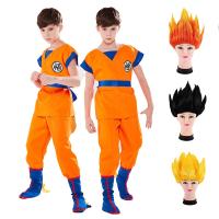 ✾◄☢ Child Son Goku Cosplay Costume Boys Funny Suits Anime Set Short Sleeves Halloween Outfit Black Gold Orange Wig