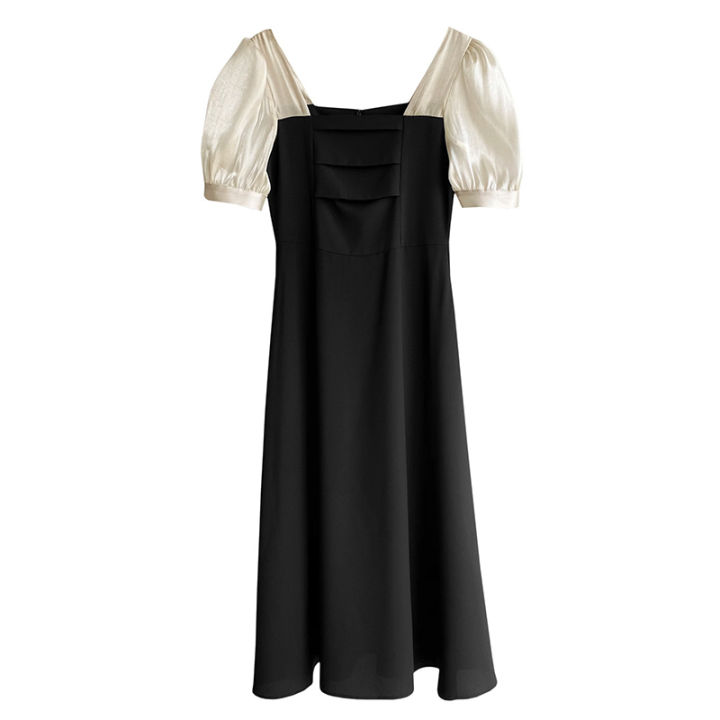 เดรสคอเหลี่ยมวินเทจฝรั่งเศสผู้หญิง-fish-blossom-sleeves-slim-fit-mid-waist-black-dress