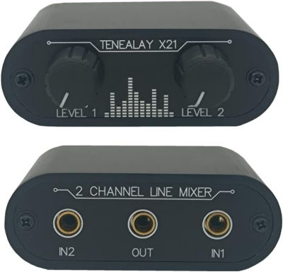 TENEALAY 2 Way Audio mixer 3.5mm Un-powered mixer, 2 to 1 Stereo aux 3.5mm line levels control Box mini passive mixer X21