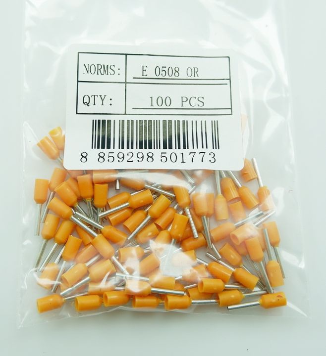 หางปลาคอร์ดเอ็น-ข้อต่อย้ำปลายสาย-รุ่นe0508-สีส้ม-จำนวน-100ชิ้น-แพ็ค-cord-end