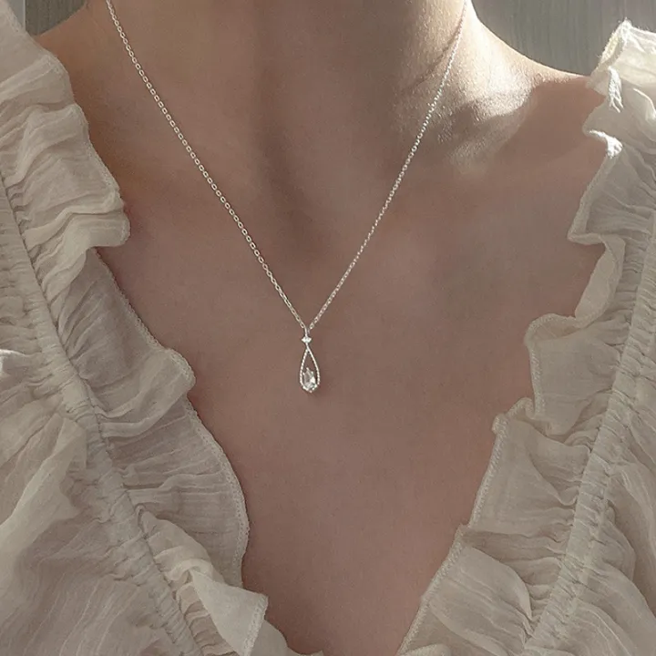 fashion-necklace-simple-clavicle-chain-necklace-french-vintage-necklace-water-drop-necklace-shining-zircon-pendant-necklace