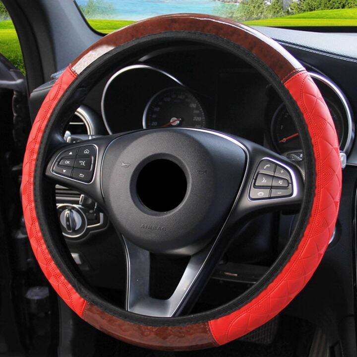 cw-4-color-new-car-steering-covers-wood-grain-mahogany-leather-embossed-no-elastic-band-anti-slip-37-38cm