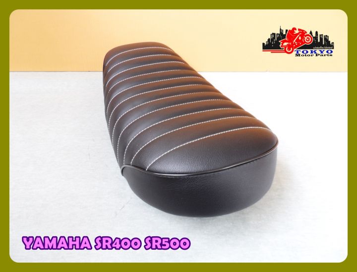 yamaha-sr400-sr500-black-complete-double-seat-with-white-stitching-เบาะ-เบาะรถมอเตอร์ไซค์-สีดำ-ผ้าลอน-ตูดมน-ด้ายขาว