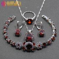 Fashion 925 Silver Wedding Jewelry Sets Red Garnet Necklace And Earring Bridal Costume Women Summer Sets