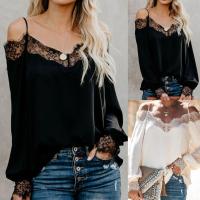 80% New Arrival ！！！Women Sexy V Neck Long Sleeve Lace Stitching Off Shoulder Straps Loose Shirt