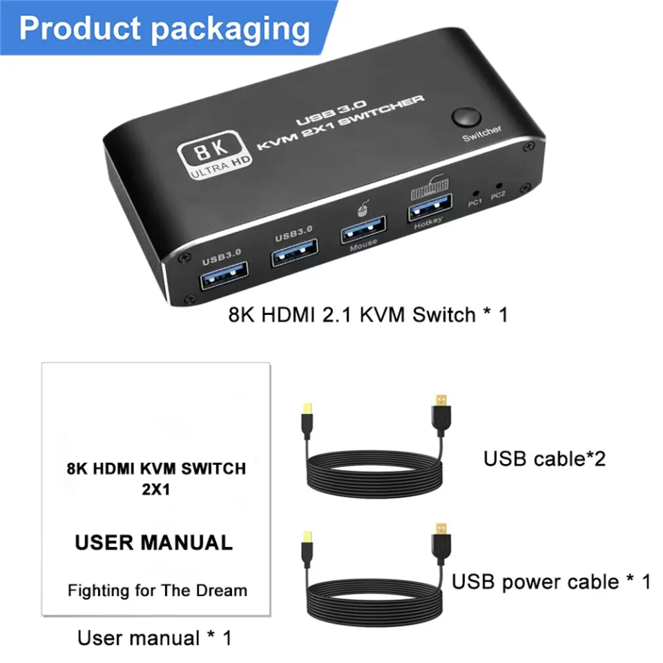 HDMI 2.1 KVM Switch 2X1 4K 120Hz 8K Dual Port USB 3.0 KVM Switcher with  Hotkey