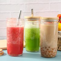 Mason Jars สำหรับดื่มถ้วย Bubble Tea ถ้วยแก้วพร้อมฝาไม้ไผ่แก้ว Boba Smoothie ถ้วยสแตนเลสถ้วยฟาง