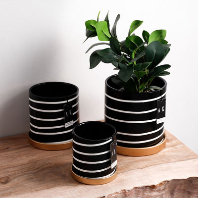 Home GardenNordic Minimalist Black&amp;White Striped Ceramic Pots High Quality Round Pots Literary Green Plant Pots With Trays