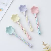 Kawaii Korean Ice Cream Hand Painted Dessert Spoon with Long Handle Cute Ceramic Long Handle Spoon Kitchen Tableware Accessories Serving Utensils