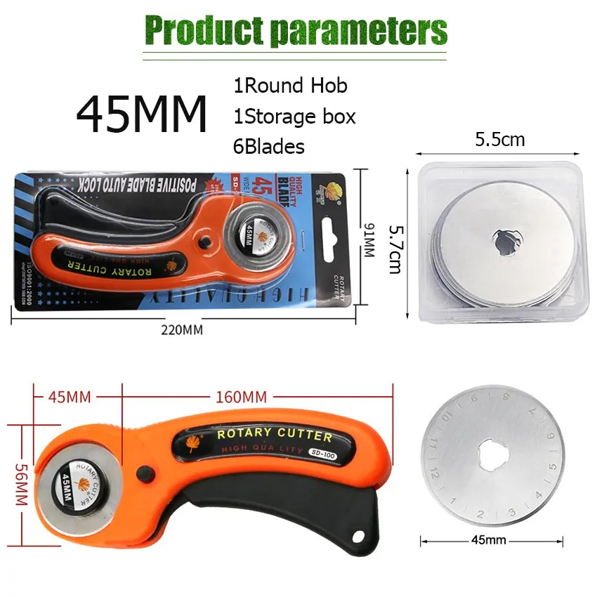 45mm Rotary Cutter Fabric Cutting Wheel Leather Cutter DIY Cloth Hob Tool  with 5 Spare Blade