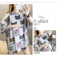 【40-150kg】Womens Plus Size Cute Cat Printed Tee Oversized Big Size T-shirt Round Neck Short Sleeves Loose Fit Cartoon Printed Tops Casual Patterned Large Size Blouses