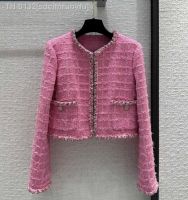 ◈ sdeifhruhvfu Mulheres Elegante Rosa Xadrez Tweed Casaco Curto Brand New Designer Jackets Alta Qualidade B638 Outono