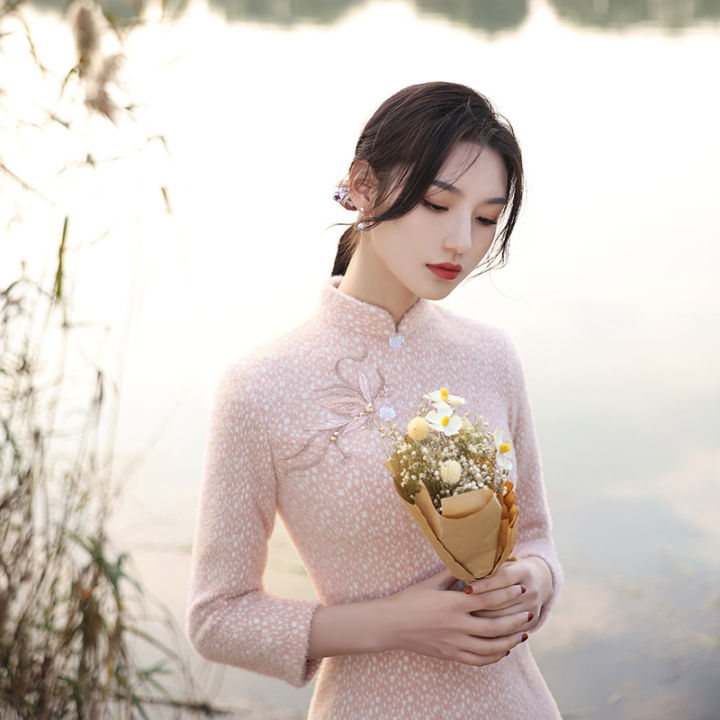 ปรับปรุง-cheongsam-ชุดสตรีหนา2021สีชมพูแขนยาวเด็กสาวลดน้ำหนัก
