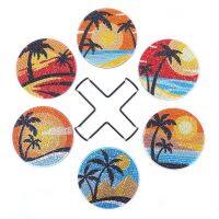 6pcs Coconut Tree Diamond Painting Coasters Kits With Holder Heat Insulation Diamond Painting Craft Supplies