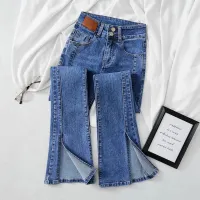 Wide-Leg Flared Jeans Womens Elastic Pants Spring And Autumn New High-Waisted Korean Version Slim Slit Mopping