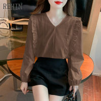 REHIN ผู้หญิงฤดูใบไม้ร่วงใหม่เกาหลีรุ่น Ruffle V คอยาวแขนเสื้อสีทึบหวานอายุท้าทายเสื้อชีฟองหรูหรา